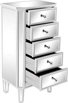 Chest of Drawers Mirrored Narrow Profile Crystal Knobs Accent Storage