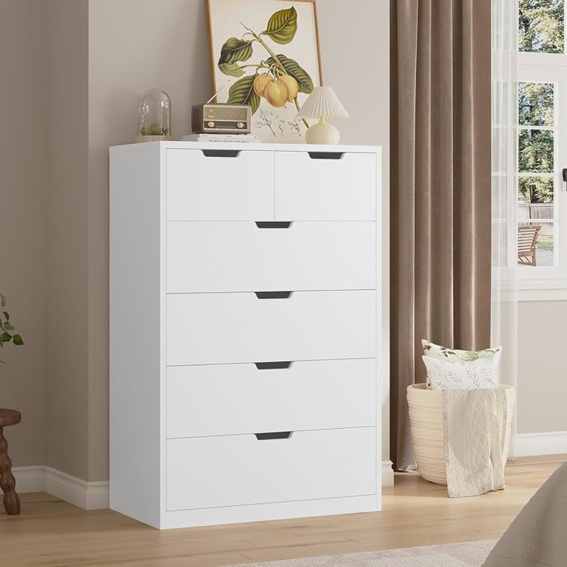 Chest of Drawers, Modern White Six Drawer Dresser with Cutout Handles