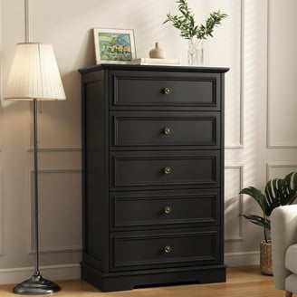 Chest of Drawers Molded Fronts Matte Black Finish Brass Knobs Transitional