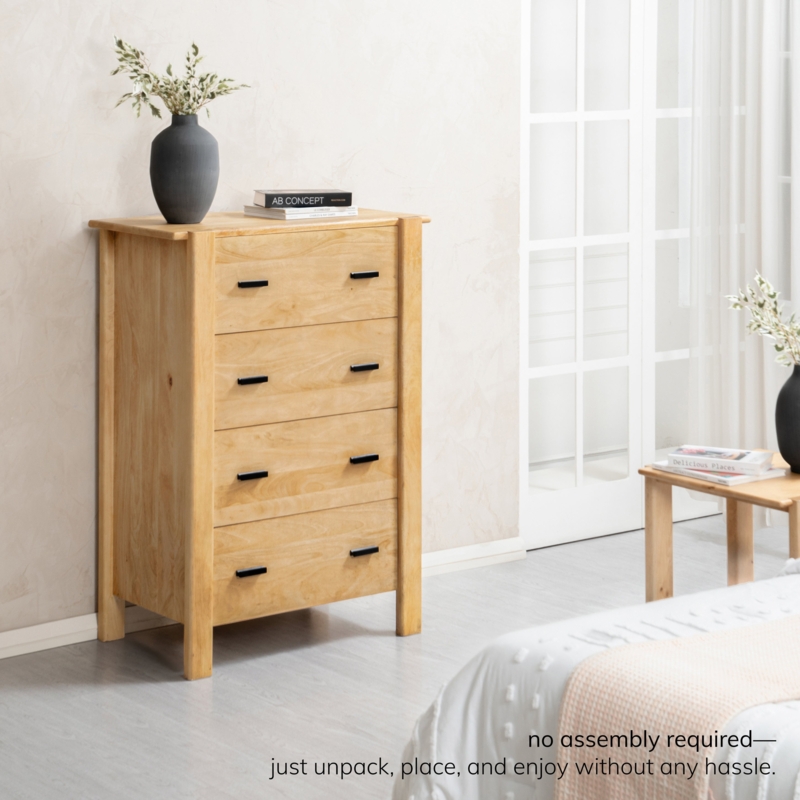 Chest of Drawers Natural Wood Grain with Four Drawers & Black Handles