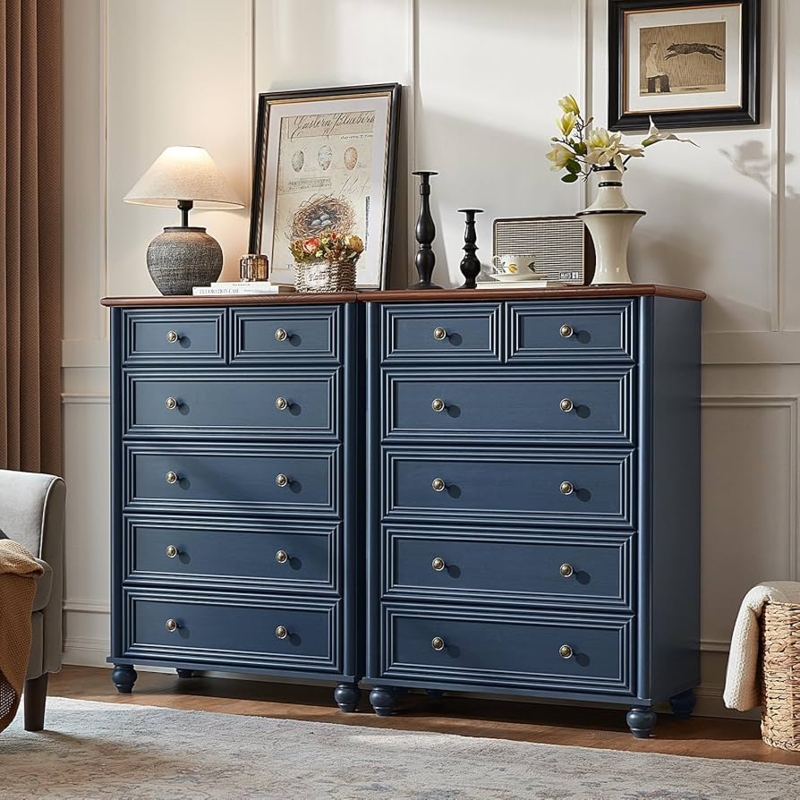 Chest Of Drawers: Navy Blue Farmhouse Ribbed Fronts Wood Top