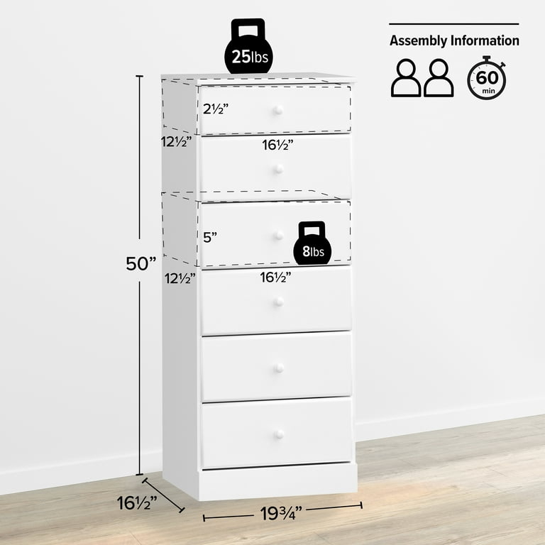 Chest of Drawers on Pedestal Base, Six Drawers, Slim Vertical Storage