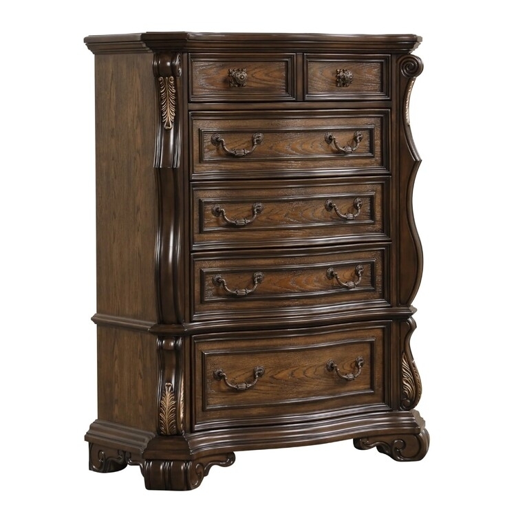 Chest of Drawers Ornate Carvings Curved Side Pillars Dark Brown Traditional