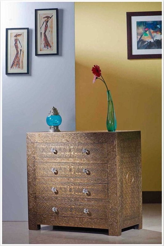 Chest Of Drawers Ornate Embossed Metal with Crystal Faceted Knobs