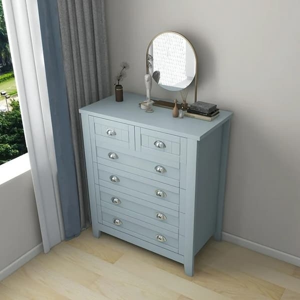 Chest Of Drawers Powder Blue Shell Handles Beaded Paneling Coastal