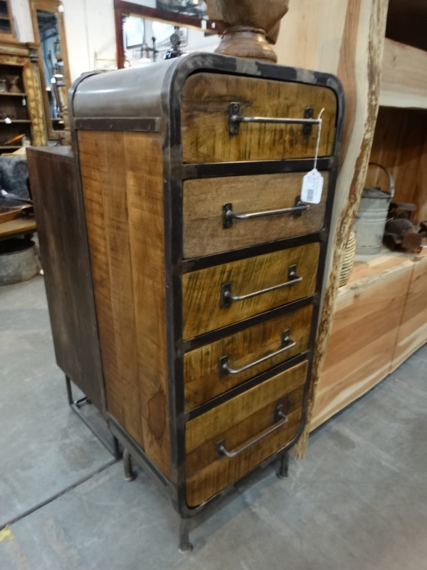 Chest of Drawers, Rounded Metal Wrap, Multi-Tone Wood, Narrow Storage