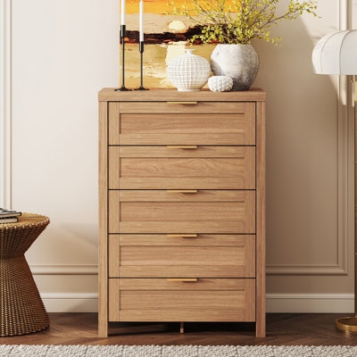 Chest Of Drawers Slim Gold Pulls Light Honey Finish Modern Wood Chest