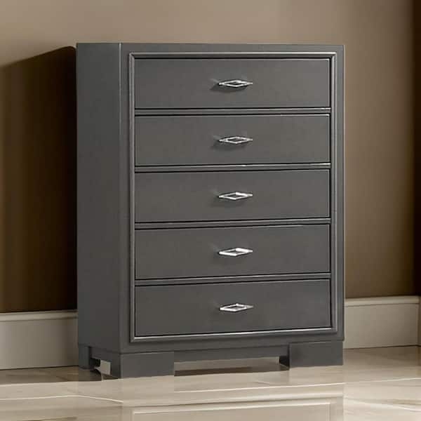 Chest of Drawers, Tall Dark Gray, Silver Diamond Pulls, Unique Hardware.