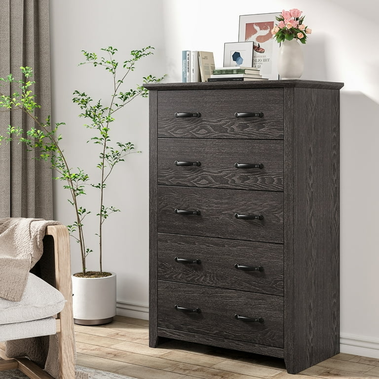 Chest of Drawers, Tall Dark Grey, Black Bin Pulls, Modern Farmhouse Style.