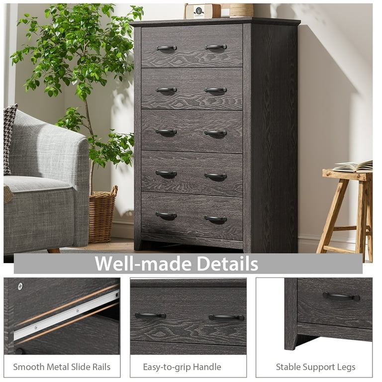 Chest of Drawers, Tall Grey Wood Grain, Tapered Legs, Horizontal Handles.