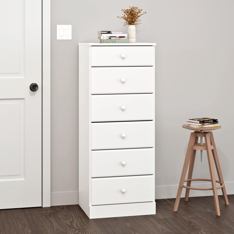 Chest of Drawers, Tall Narrow Profile, Round Knobs, Slim Vertical Design