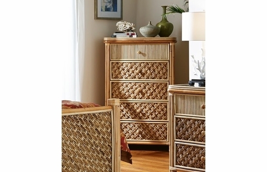 Chest Of Drawers: Tall Rattan, Bamboo Frame, Diamond Weave.