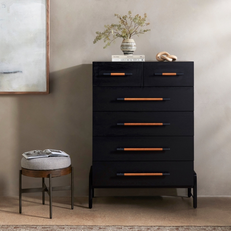 Chest of Drawers Tall Vertical Leather Wrapped Pulls Matte Wood Grain