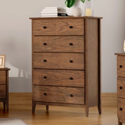 Chest of Drawers Tall Walnut Mid-Century Modern Five Drawer