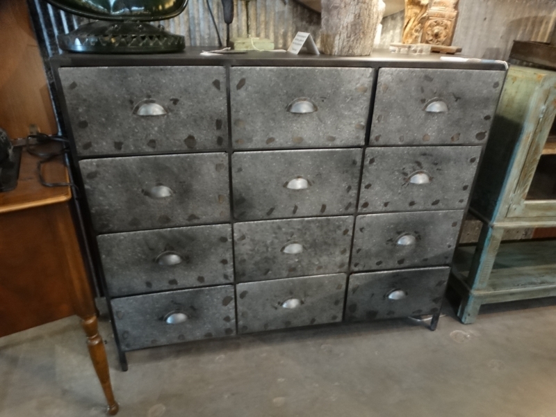 Chest of Drawers, Twelve Drawers, Mottled Metal, Apothecary Style