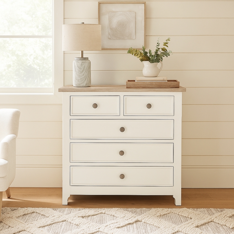 Chest of Drawers Two Tone Finish, White with Wood Top Coastal Farmhouse