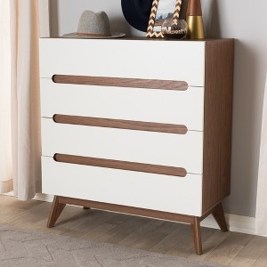 Chest Of Drawers Two Tone White And Wood Recessed Handles Splayed Legs