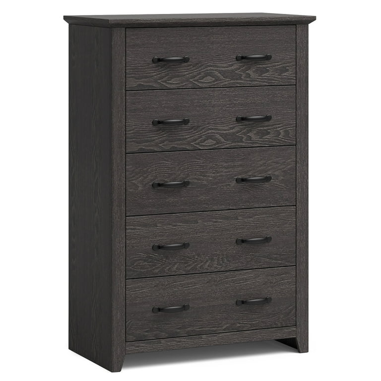 Chest of Drawers, Vertical Five Drawer Stack, Dark Grey, Black Bow Pulls.