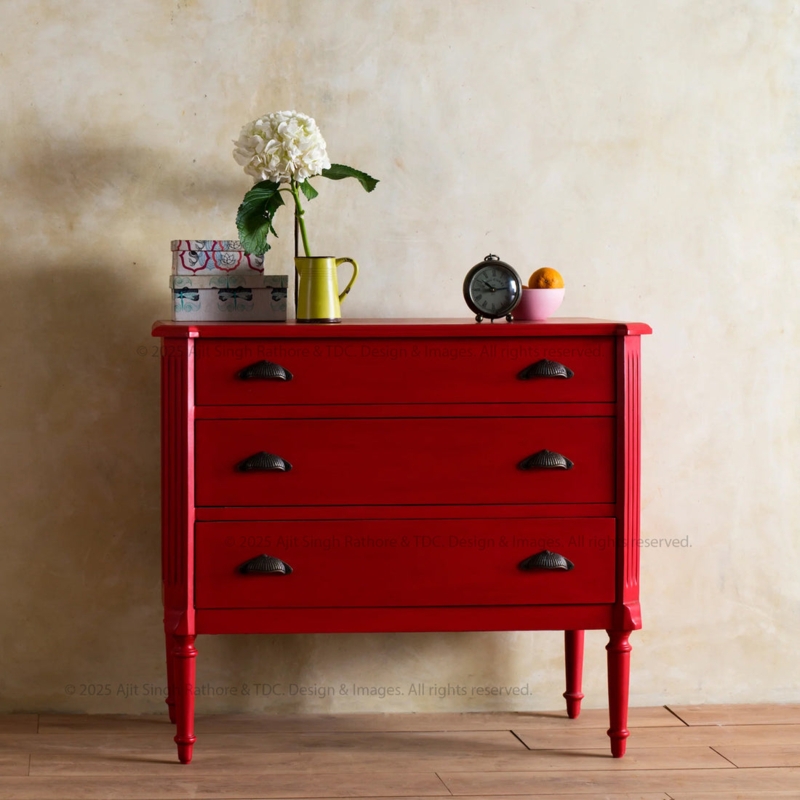 Chest Of Drawers Vintage Eclectic Reeded Side Detailing Cup Pulls Red