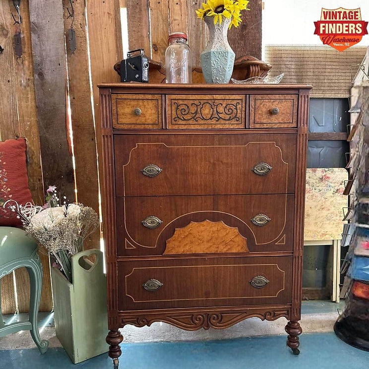 Chest Of Drawers Vintage Wood Scalloped Inlay Turned Legs Casters