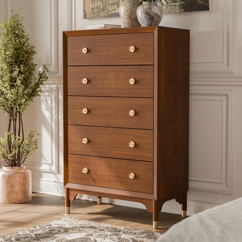 Chest Of Drawers Walnut Finish Gold Capped Legs Arched Base