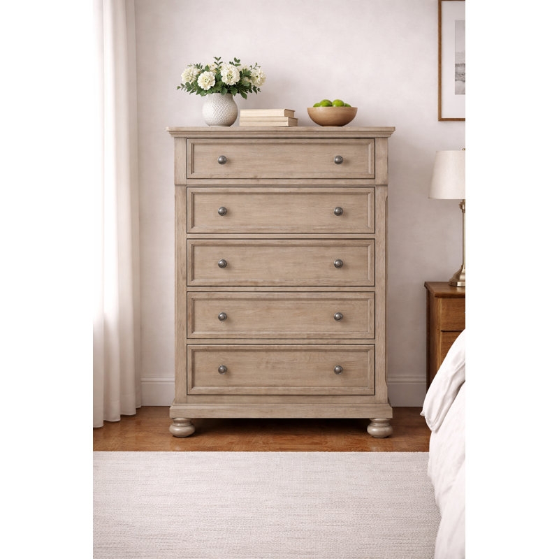 Chest Of Drawers Weathered Gray Finish Bun Feet 5 Drawer Chest