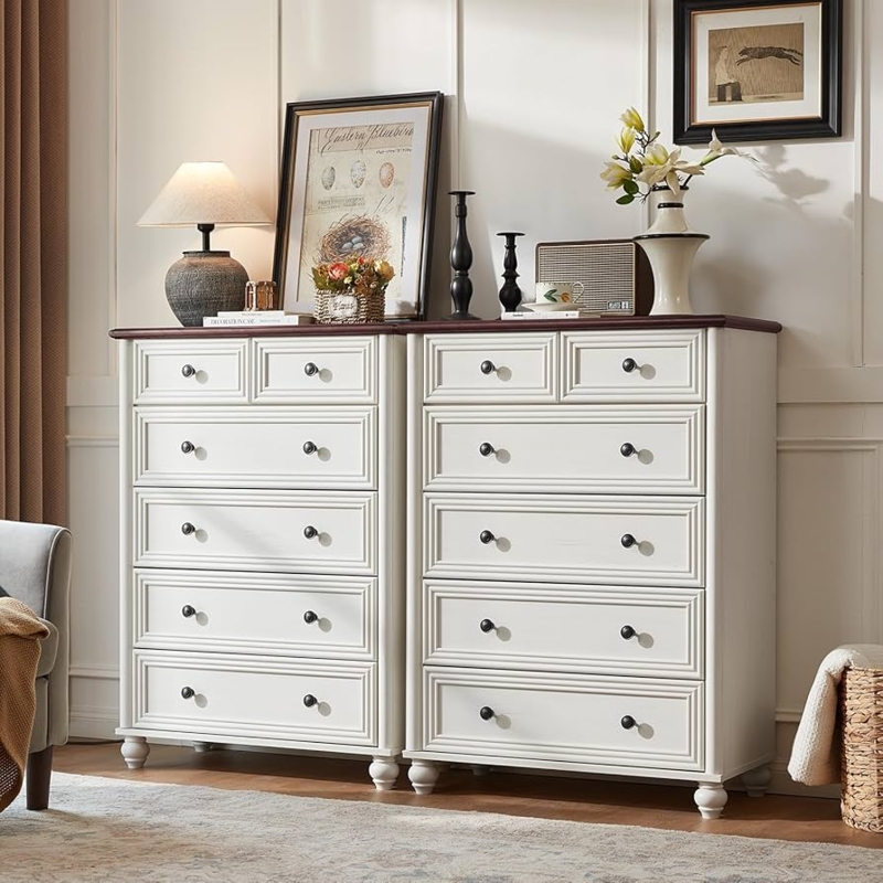 Chest Of Drawers: White Farmhouse Roman Columns Bun Feet Wood Top