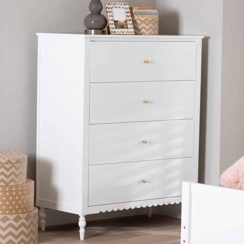 Chest of Drawers White Scalloped Edge Gold Hardware Four Drawers