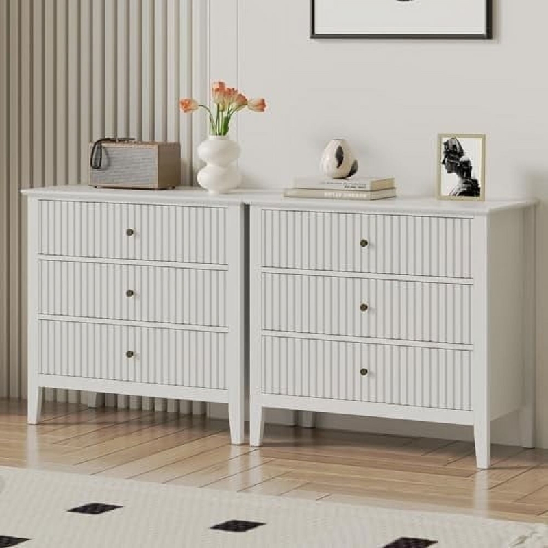 Chest of Drawers White Three Drawer Vertical Ribbing Gold Knobs