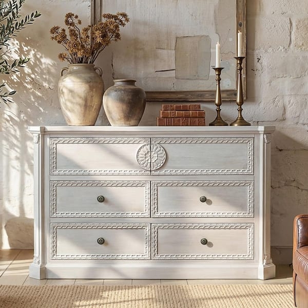 Chest of Drawers Whitewashed Rope Carving Floral Medallion
