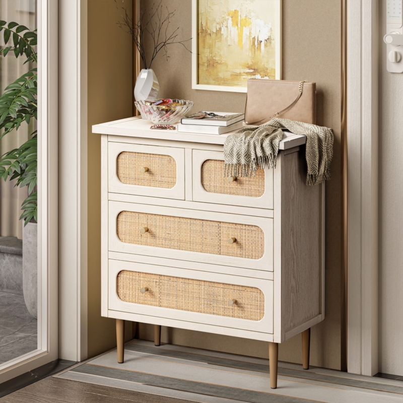 Chest Of Drawers: Whitewashed, Rounded Rattan Panels, Boho.