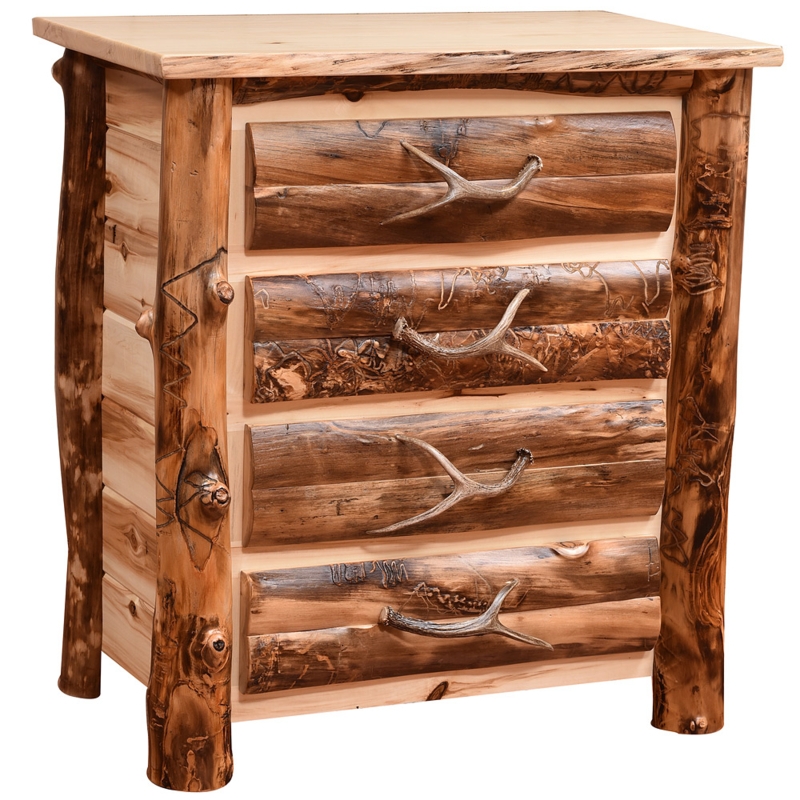 Chest of Drawers with Antler Handles, Bark-On Log Framing, Aspen Wood