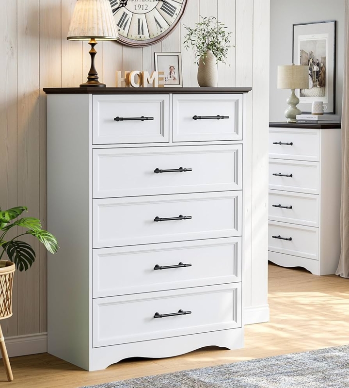 Chest of Drawers with Contrasting Wood Top, Scalloped Base, Tall Bedroom