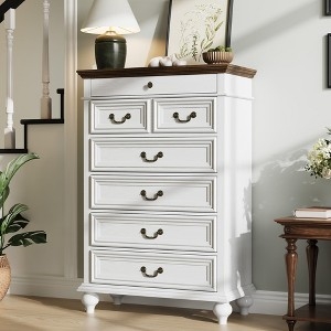 Chest of Drawers with Two-Toned Design, Bun Feet, White Farmhouse Tallboy