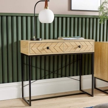 Chevron Wood Console Table Black Metal X-Brace Frame
