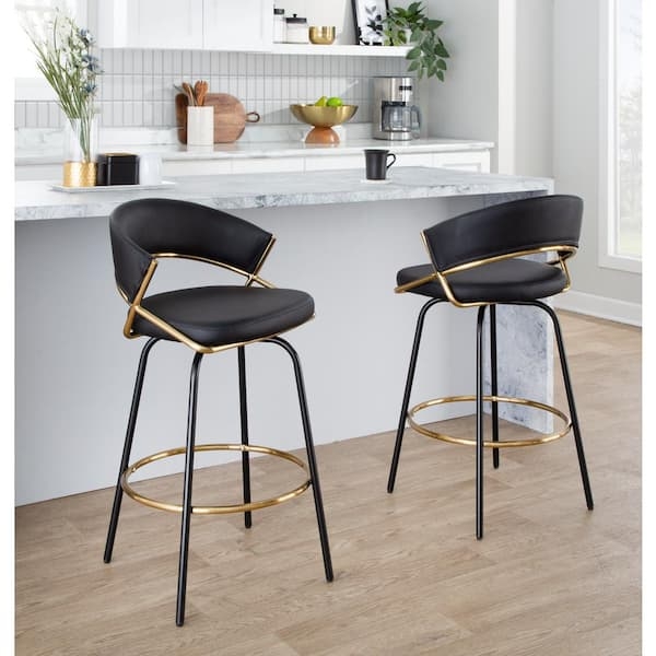 Chic Counter Stools Curved Open Back Black Faux Leather Gold Accents