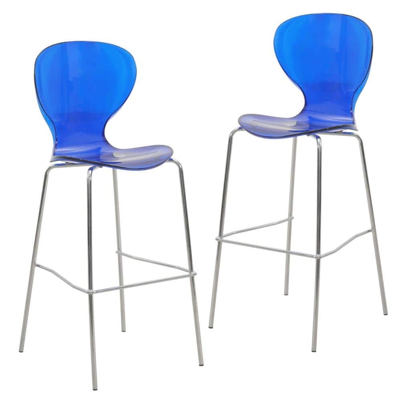 Chrome Barstools with Transparent Blue Oyster Silhouette Seat