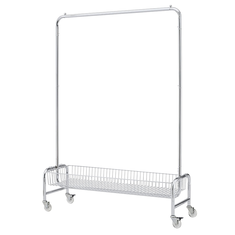 Chrome Garment Rack, Wire Storage Basket, Swivel Casters, Ball Finials
