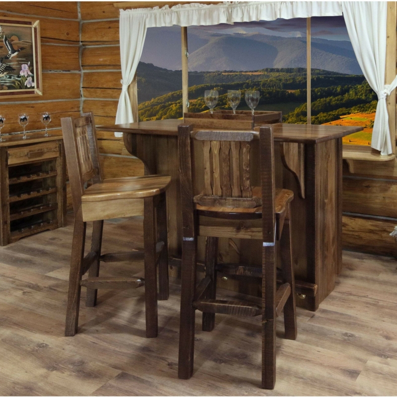 Chunky Wood Bar Stools Slat Back Design Rustic Lodge Interior