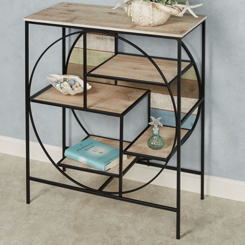Circular Metal Console Table with Staggered Wood Shelves & Display