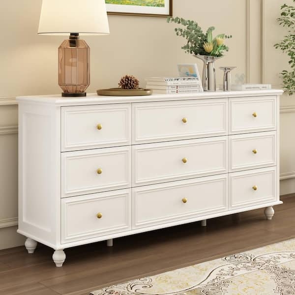 Classic 9-Drawer Chest, Gold Knobs & Bun Feet