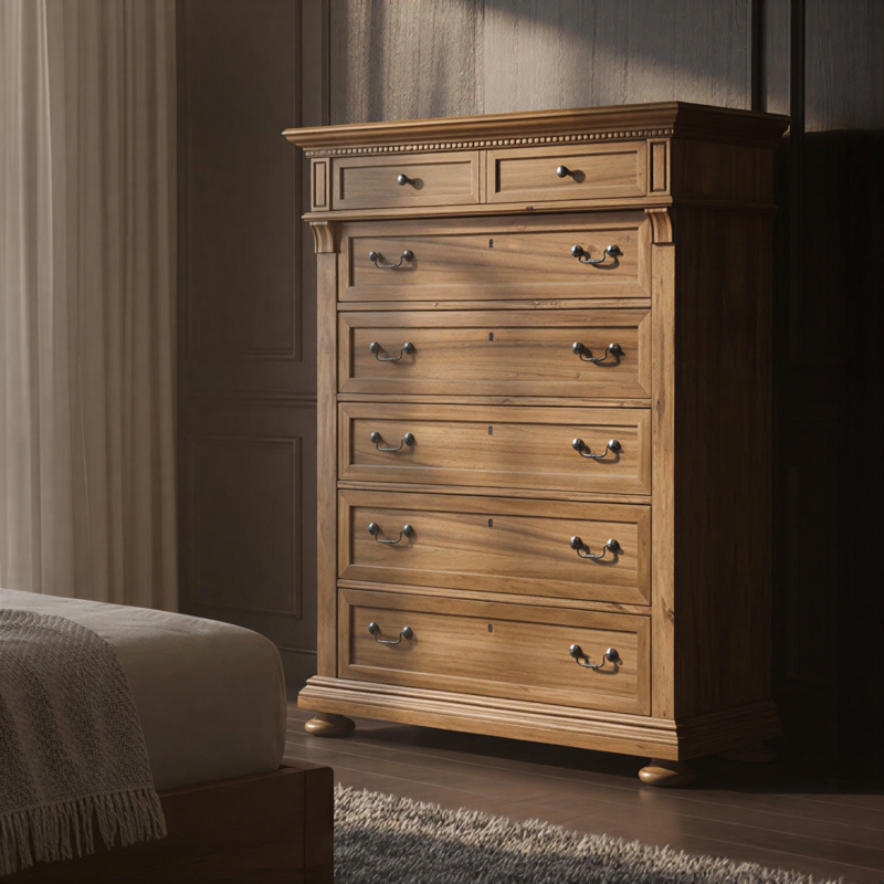 Classic Dresser with Crown Molding, Mixed Hardware, and Tall Silhouette