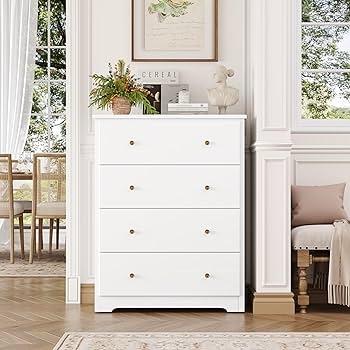 Classic Ivory White 4-Drawer Dresser with Gold Knobs
