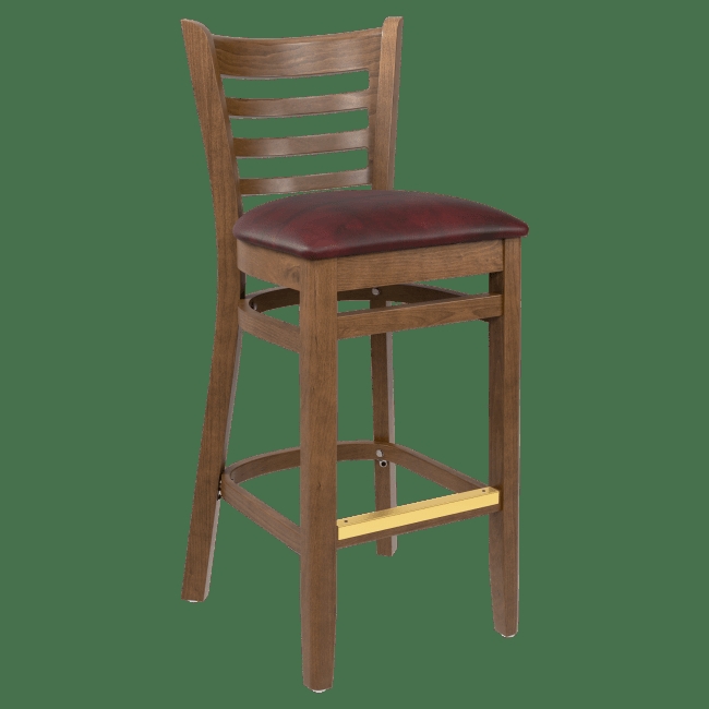 Classic Ladder Back Bar Stool Burgundy Upholstery Brass Footrest