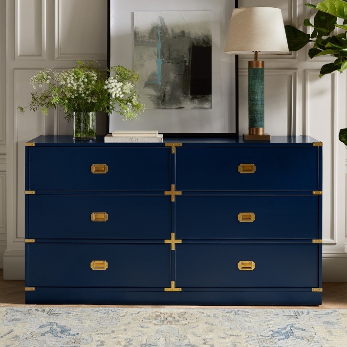 Classic Navy Blue Dresser with Brass Campaign Style Hardware