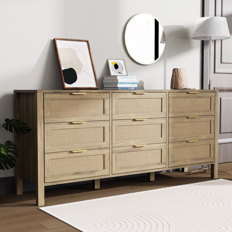 Coastal 9-Drawer Dresser, Rattan Panels & Block Feet