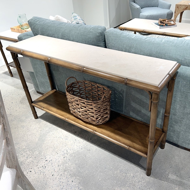 Coastal Bamboo Style Console Table with Stone-Like Top & Two Tiers