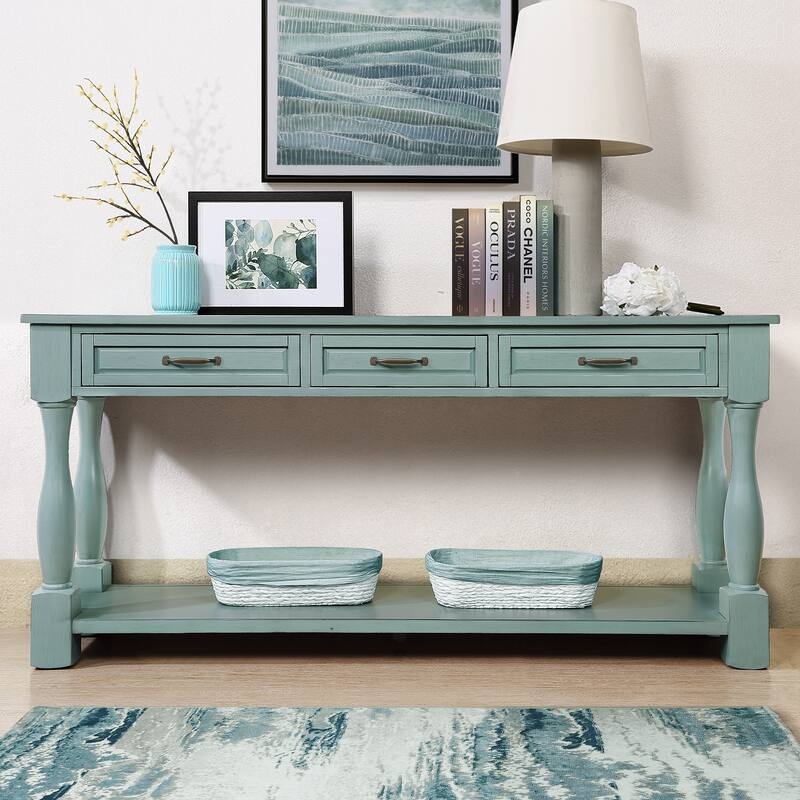 Coastal Console Table Teal Painted Finish Turned Legs