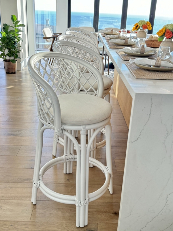 Coastal Counter Stool White Rattan Criss Cross Back and Cushion Seat