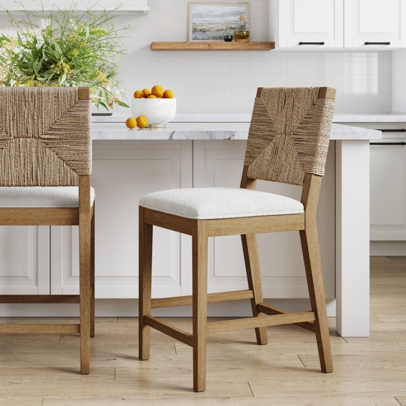 Coastal Counter Stools Woven Rope Diamond Back Light Wood Frame